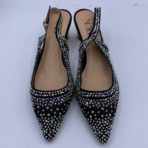 NUYG Pointed Toe Crystal Chunky Heel Rhinestone Mesh Sandals